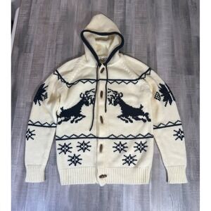 Vintage Landmark Reindeer Knit Hooded Cardigan Sweater Cream Navy Toggle Large